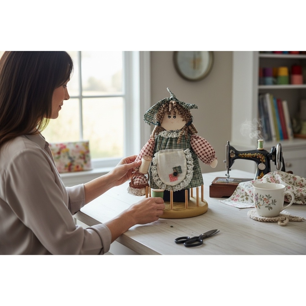 Vintage Wooden Thread Spool Holder Sewing‎ Organizer Plaid Fabric Doll 15in